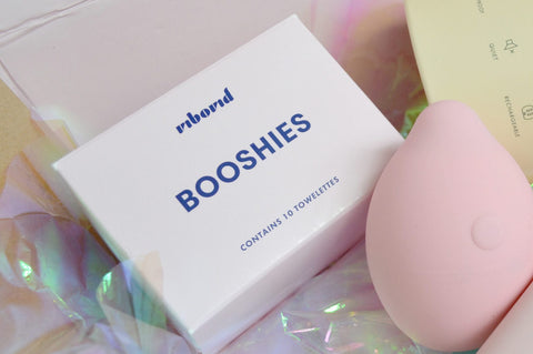 Pink box of wipes named Booshies