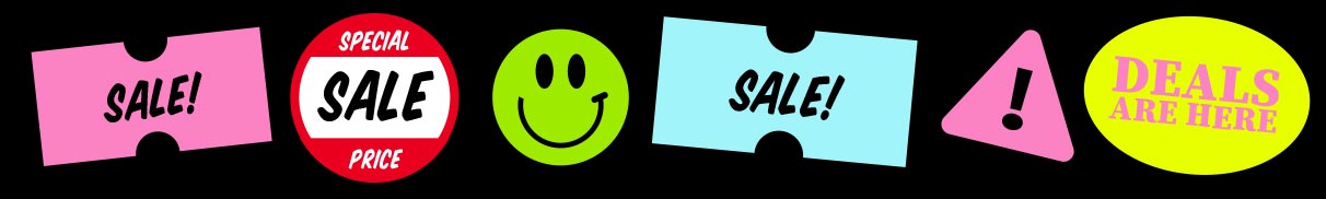 Sale banner with colorful sale icons on a black background