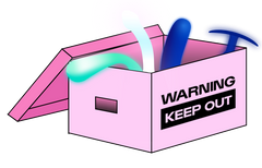 box of unbound toys with "warning keep out" written on side