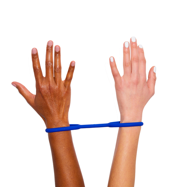 Hands wearing navy blue silicone handcuffs