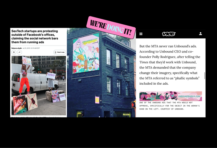 Collage of images from two articles where Unbound is mentioned for protesting and raising awareness and an image of a colorful billboard on a black building