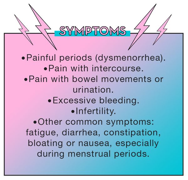 Painful periods (dysmenorrhea).  Pain with intercourse.  Pain with bowel movements or urination.  Excessive bleeding.  Infertility.  Other symptoms like fatigue, diarrhea, constipation, bloating or nausea, especially during menstrual periods.