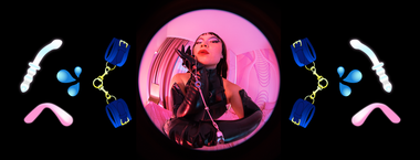 Collage of sex toys surrounding a photo of a femme person modeling hand cuffs
